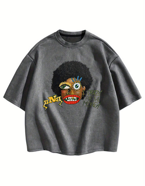 Load image into Gallery viewer, Loose Fit Short Sleeve T-Shirt - Retro Abstract Face &amp; Geometric Print, Beige Unisex Casual Summer Top, Machine Washable, Bold Graphic Tee | Soft Texture Tee
