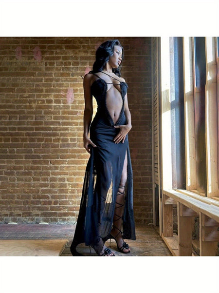 Women's Sexy Retro Floral Print Dress with Spaghetti Straps Deep V-neck Cut-outs Split Hem Skirt for Parties Fashion Shows