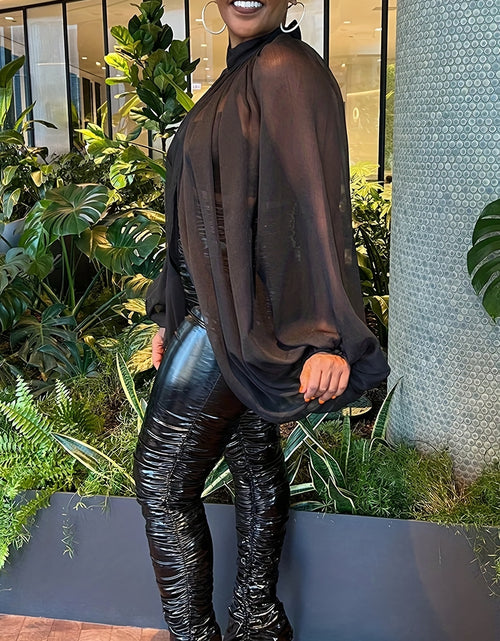 Load image into Gallery viewer, Plus Size Women Sassy Mesh Top - High Neck, Lantern Sleeve, Split Hem, Slight Stretch, Solid Color, Comfortable, Breathable, Fashionable, Versatile, Everyday Wear
