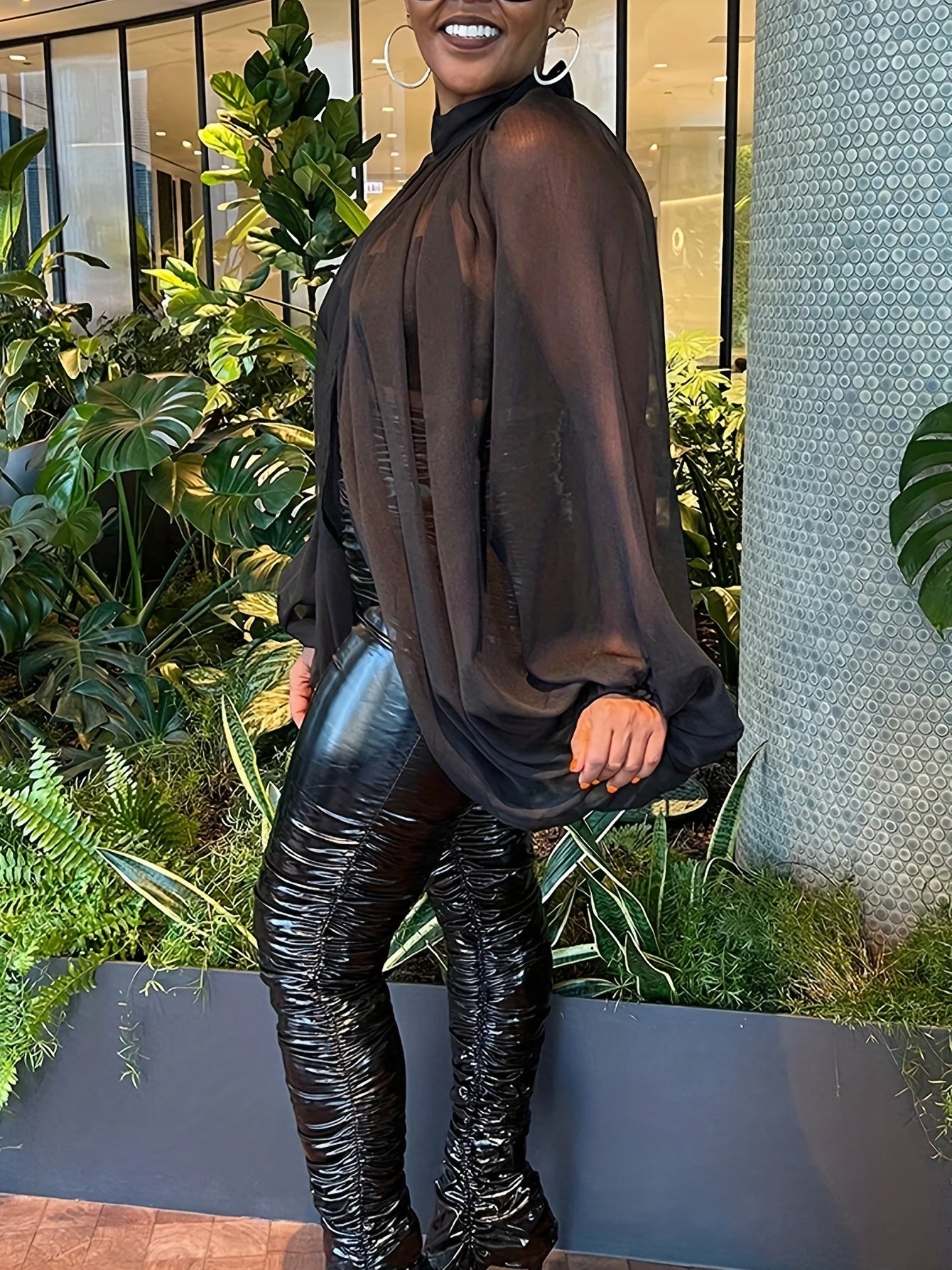 Plus Size Women Sassy Mesh Top - High Neck, Lantern Sleeve, Split Hem, Slight Stretch, Solid Color, Comfortable, Breathable, Fashionable, Versatile, Everyday Wear