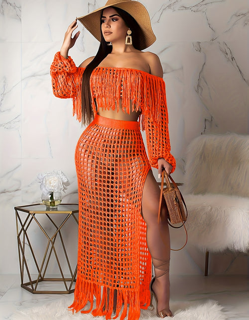 Load image into Gallery viewer, Off-Shoulder Fringe Two-Piece Set Casual Polyester Spandex Knit Long Sleeve Crop Top with Matching Skirt Solid Color Sheer Mesh Grid Pattern Elegant Spring/Fall Outfit
