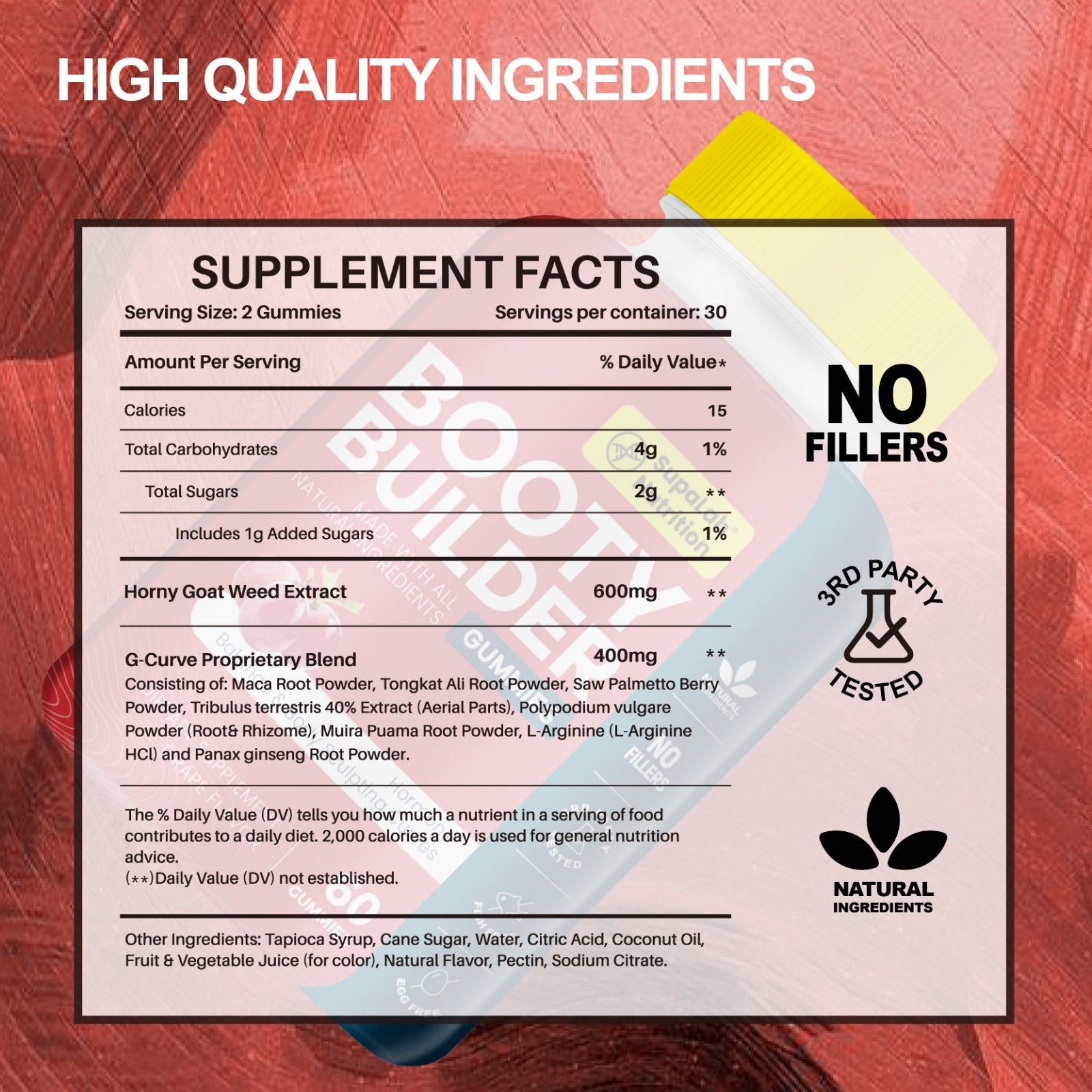 Booty Gummies - for Bigger, Rounder, Volumized, Natural Botanical Blend with Horny Goat Weed, Maca, Tongkat Ali, Grape Flavored (60 Count)