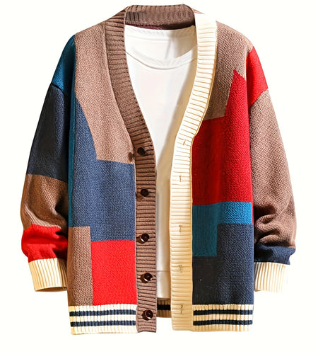 Spring and Autumn Color Block Cardigan Sweater Trendy V-Neck Knit Sweater Casual Men Clothing