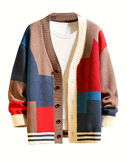 Load image into Gallery viewer, Spring and Autumn Color Block Cardigan Sweater Trendy V-Neck Knit Sweater Casual Men Clothing
