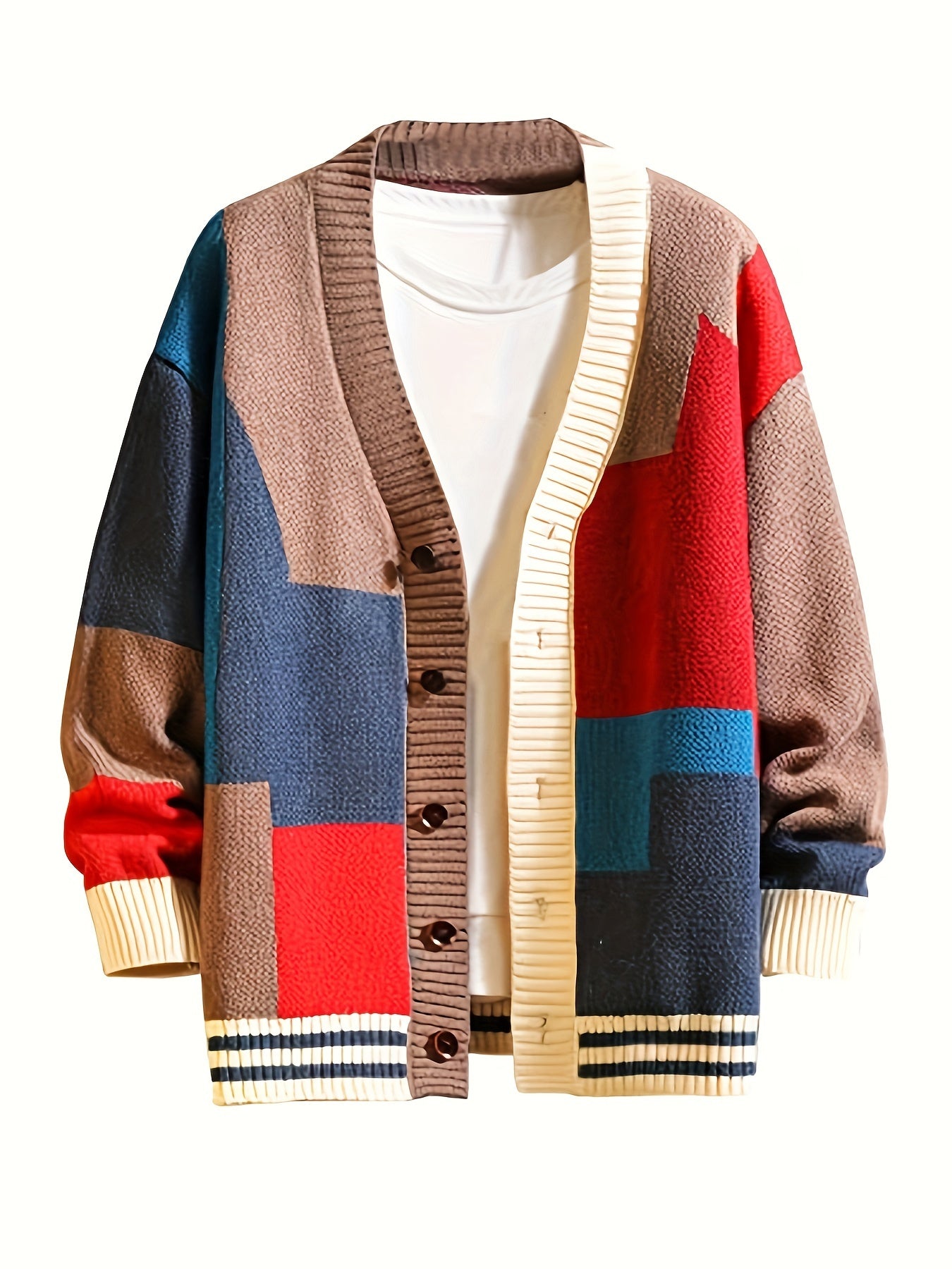 Spring and Autumn Color Block Cardigan Sweater Trendy V-Neck Knit Sweater Casual Men Clothing