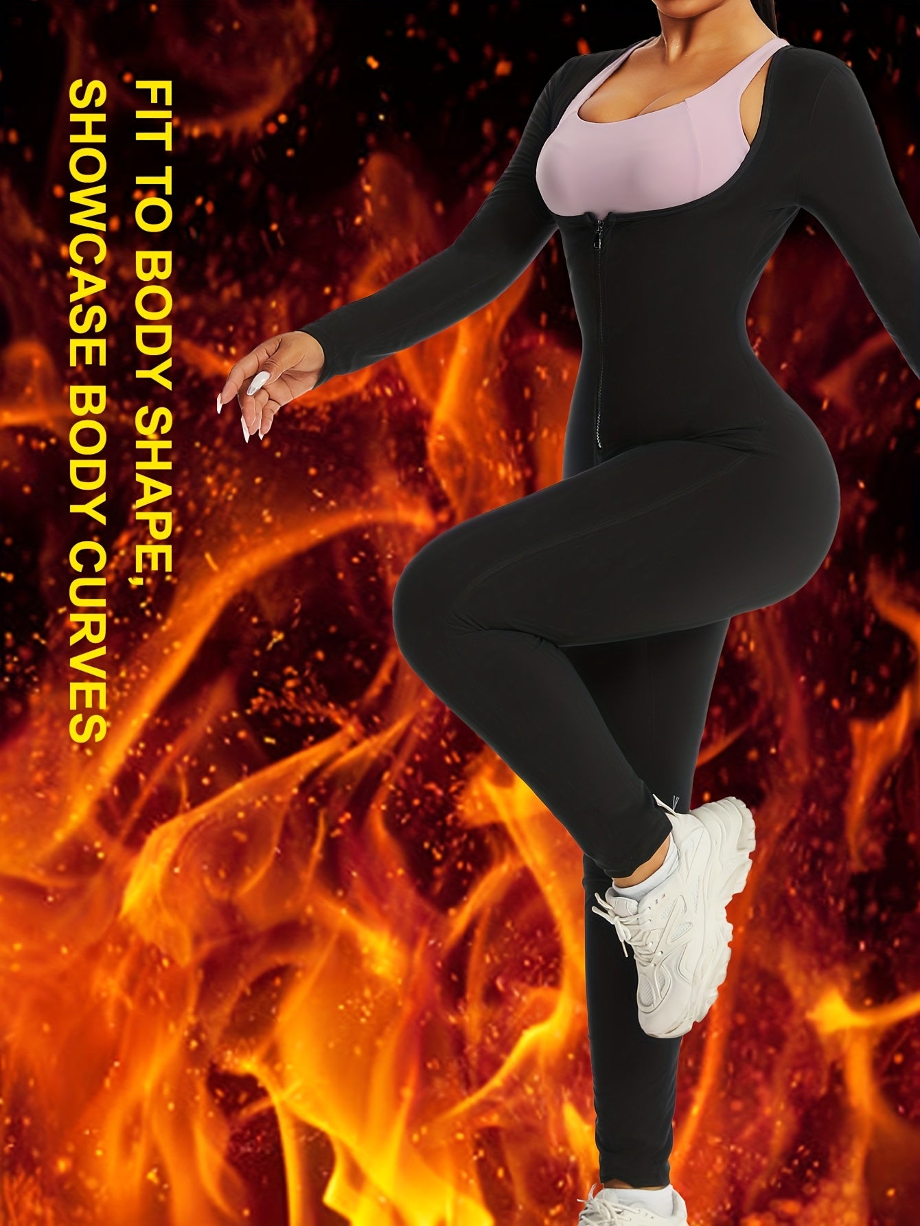 [Workout Jumpsuit] Women's Full-Zip Long Sleeve & Pants Workout Jumpsuit - Full-Body Bodysuit with Tummy Control, Sweat-Wicking Gym Suit for Running, Sauna, Spa, Swimming - Machine Washable Athletic One-Piece (No Underwear Ne