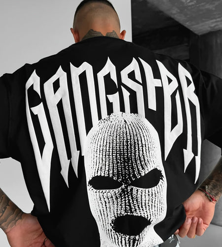 [Gangster Graphic Print Tee] Men's Trendy Casual Crew Neck Short Sleeves Loose T-shirt - Comfy Graphic Print Head Covering Gangster - Summer Outdoor Top