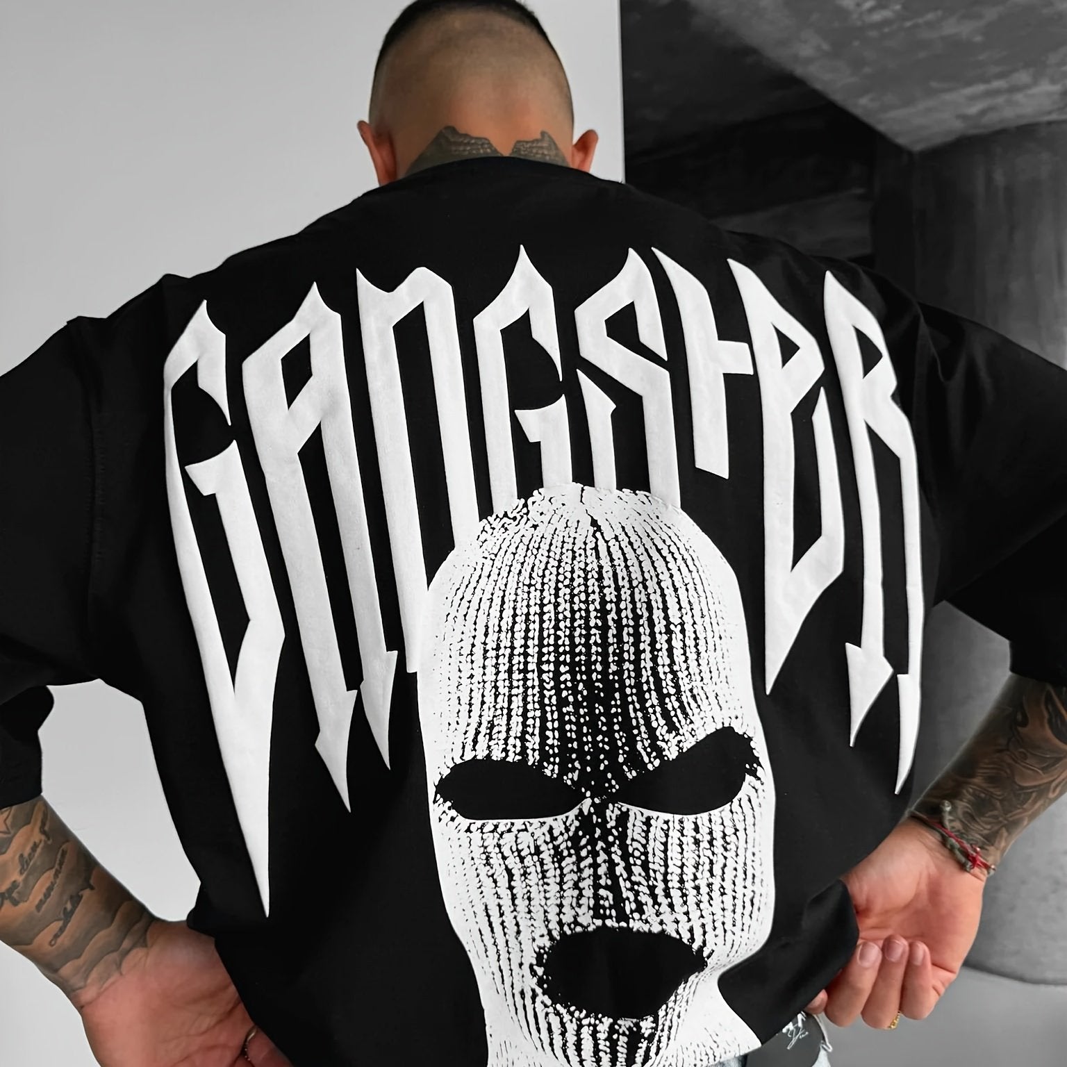 [Gangster Graphic Print Tee] Men's Trendy Casual Crew Neck Short Sleeves Loose T-shirt - Comfy Graphic Print Head Covering Gangster - Summer Outdoor Top