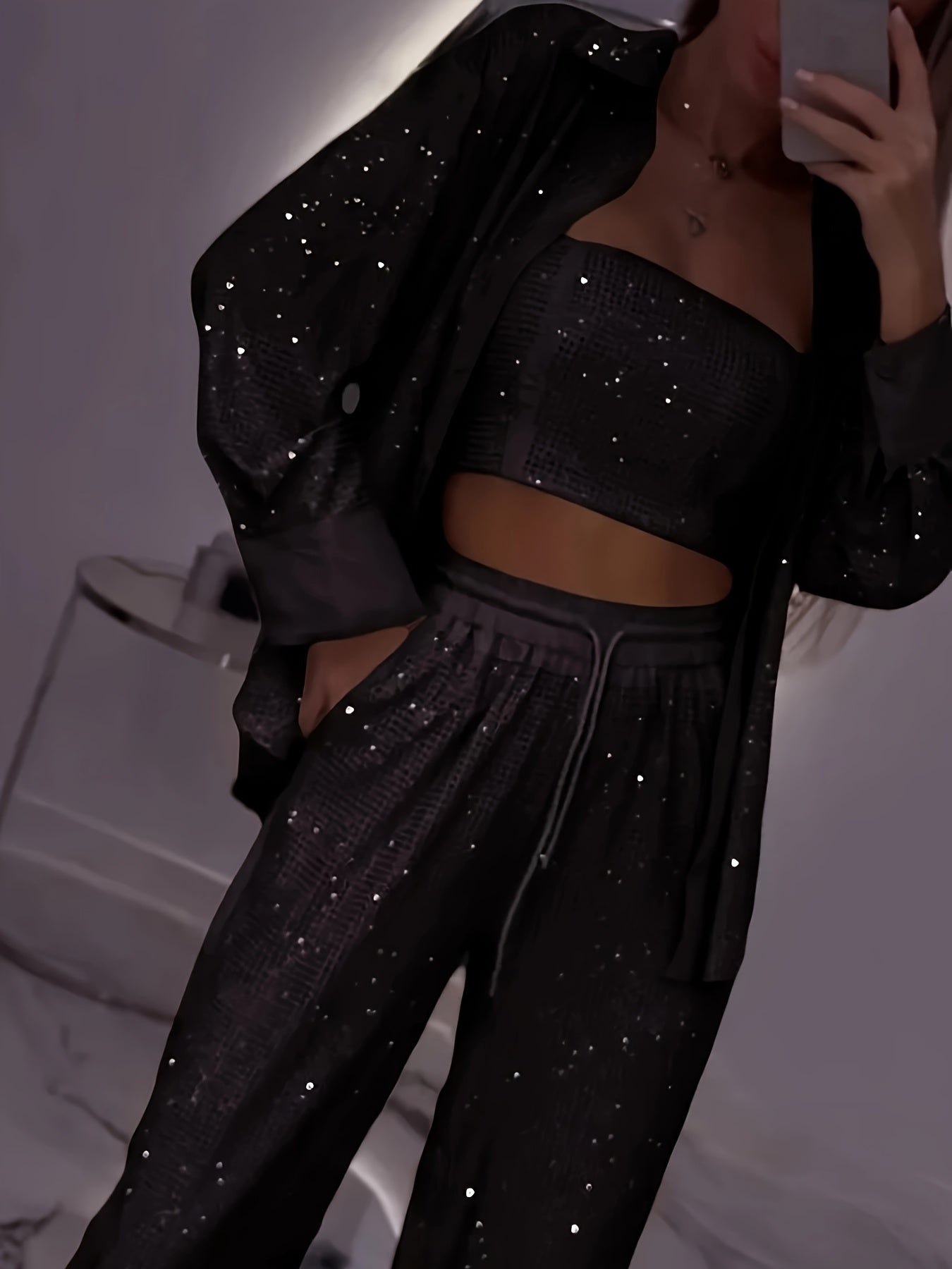 Women Elegant Three-Piece Set - Long Sleeve Loose Fit Jacket, Bustier & Wide-Leg Pants, Elastic Fabric, Button Front Closure Top