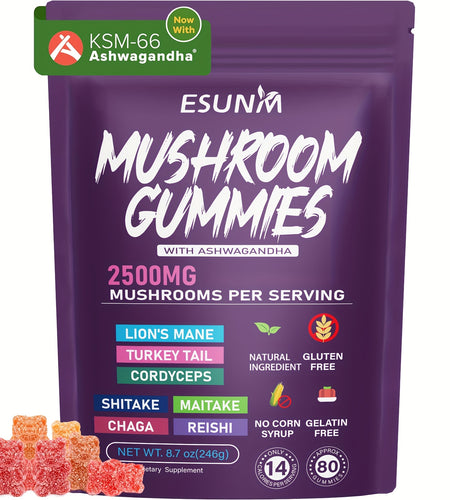 1/2/3/4 Bags of Lion's Mane Mushroom Gummies, Ashwagandha Gummies - Contains Ganoderma, Cordyceps, Turkey Tail, Dancer's Mushroom, Shiitake and Bupleurum, Low Carb, 80 Gummies per Bag, ESUNM