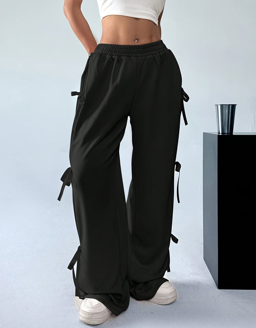 Load image into Gallery viewer, Plus Size, Women&#39;s Elegant Side Bow Tie Straps &amp; Back Pockets Stretchy Loose Straight Leg Pants - Comfortable Elastic Waistband, Machine Washable, Spring Summer Fall Casual Outing Trousers, Seasonal Fashion, Durable Clothing
