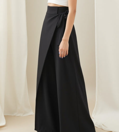 Women  High-Waisted Wide-Leg Trousers with Tie-Front Waist & Belted Collar - Elegant Winter Pants for, Commuting, Dates - Non-Stretch Fall/Winter Outfits (Solid Black) - Hand Washable