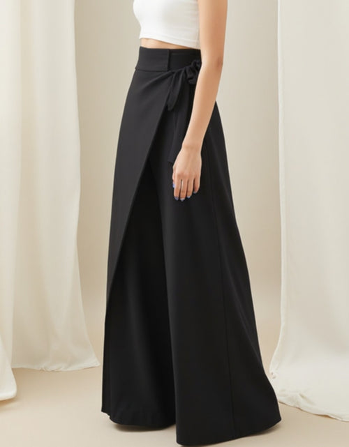 Load image into Gallery viewer, Women  High-Waisted Wide-Leg Trousers with Tie-Front Waist &amp; Belted Collar - Elegant Winter Pants for, Commuting, Dates - Non-Stretch Fall/Winter Outfits (Solid Black) - Hand Washable
