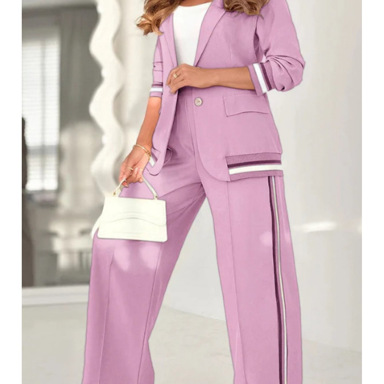 Women 2pcs Set Solid Color Ribbed Fashion Commuter Wear 100% Polyester Micro Elastic Chic Adult Clothing Eye Catching Patchwork