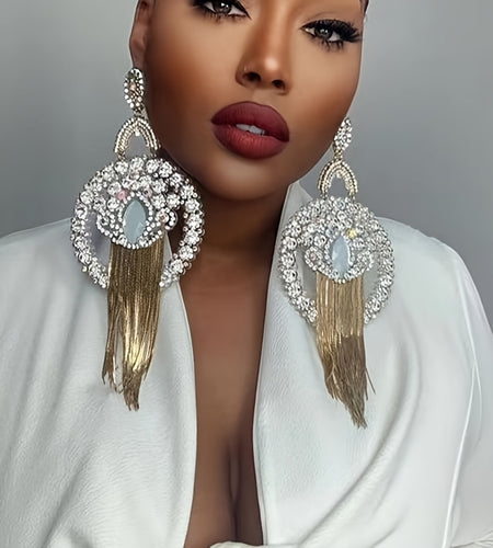 Elegant & Bold Oversized Tassel Drop Earrings - Glamorous Queen-Inspired Fashion Accessory with Sparkling Rhinestones, Stainless Steel Posts, Novelty Earrings for Parties and Everyday Glam