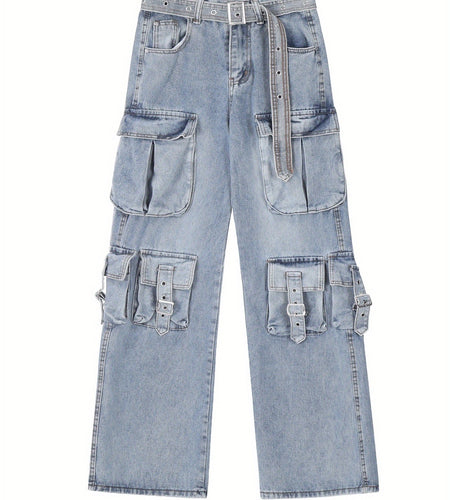 Men Stretchy Fabric Loose-Fit Straight-Leg  Jeans | Multi-Pocket Streetwear Pants with Elastic Waistband, All-Season Versatile Design  Solid Color, Casual Wear Jeans | Street Style Jeans