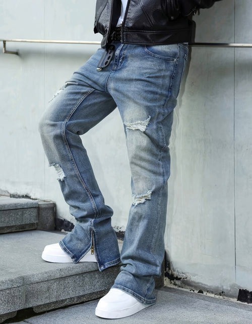 Load image into Gallery viewer, Men's straight-leg distressed jeans- mid-rise, stretch blend, leg zipper design, street style, ripped details, comfortable and versatile,  stylish long pants Slim-fit jeans Durable fabric
