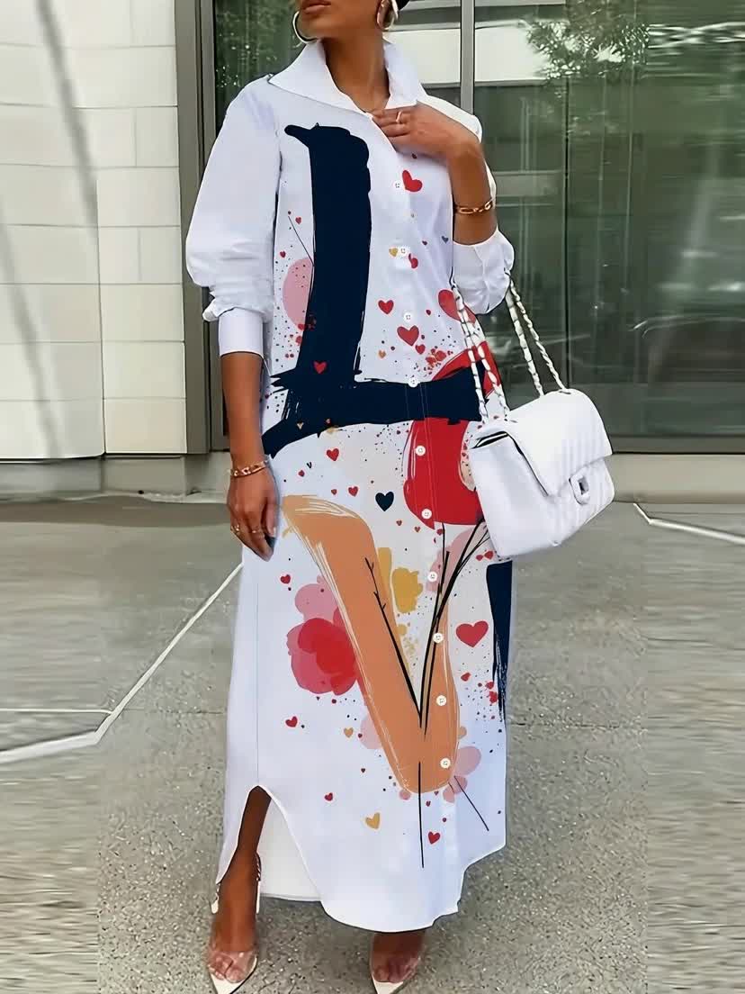 Women Lightweight A-Line Lapel Collar Shirt Dress - Retro Short Sleeve Spring Summer Dress with Colorful Heart & Letter Print, Machine Washable