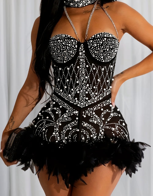 Load image into Gallery viewer, Rhinestone Choker Neck Romper Jumpsuit, Sexy Feather Hem Backless Romper Jumpsuit For Spring &amp; Summer, Women&#39;s Clothing
