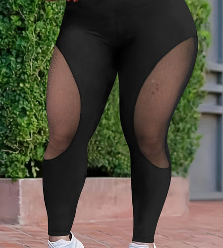 Plus Size High-Waisted Leggings with Breathable Stretch Fabric, Mesh Panels, Athletic Tights