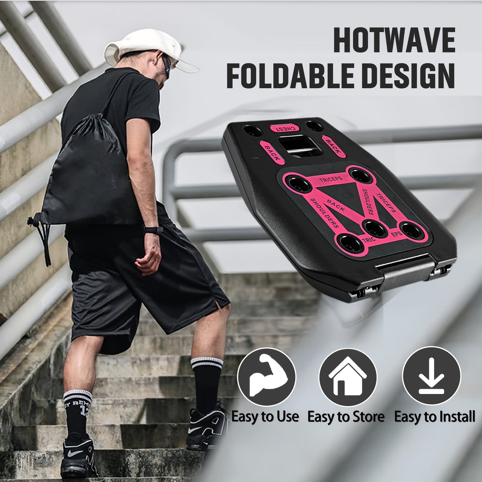 Portable Push Up Board & Resistance Bands for Full Body Workout - Compact, Space-Saving Fitness Gear with Strength Training Tools. Ideal for Home, Travel & Small Spaces