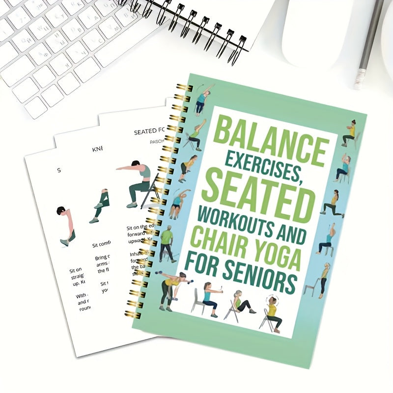 50-Page Chair Yoga Exercise Book for Seniors & Adults - Elderly Seated Yoga Poses Guide with Chair Squats, Balance Training & Stretching - Spiral Bound-like Binding (No Binding Removal) - Home, Gym