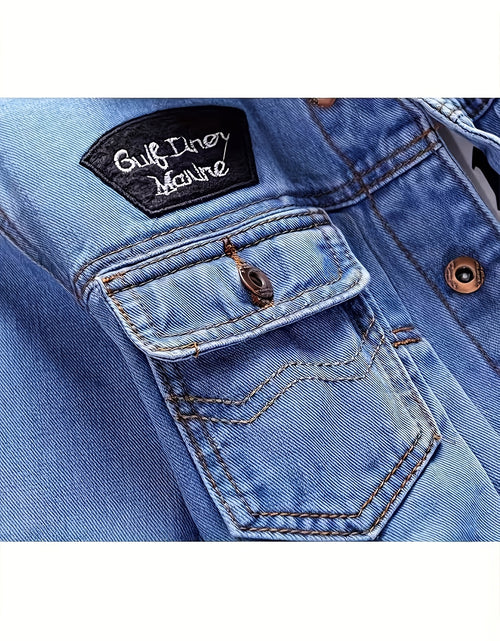 Load image into Gallery viewer, Men Vintage-Style Distressed Denim Jacket - Slim Fit Fashionable Motorcycle Outerwear, Featuring Embroidery Design, Blue Casual Streetwear, Trendy And Stylish, Distressed Denim Apparel | Classic Baseball Jacket Style Design
