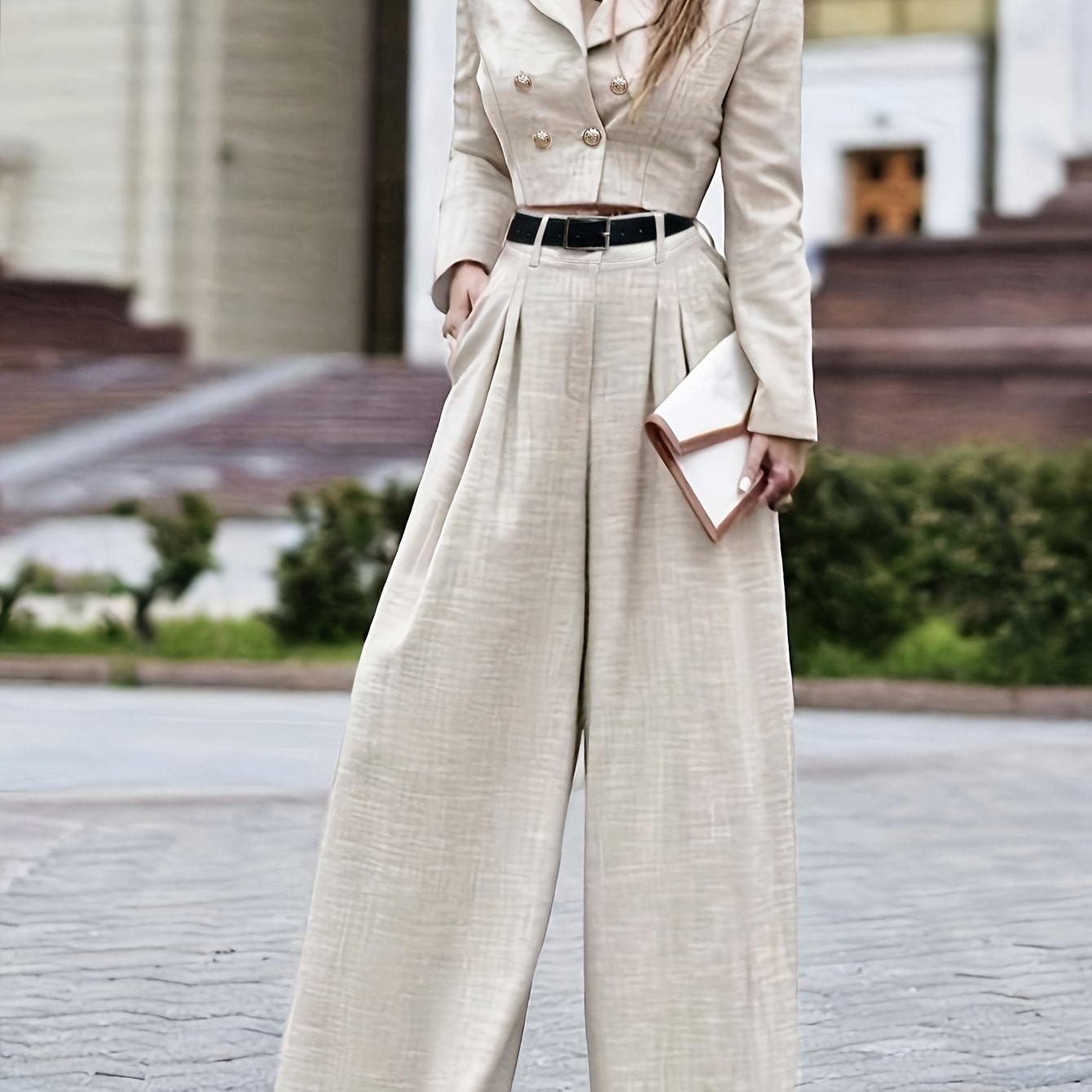 Women's Autumn Fit Turndown Long Sleeve Suit Jacket Loose Pants Suit Set