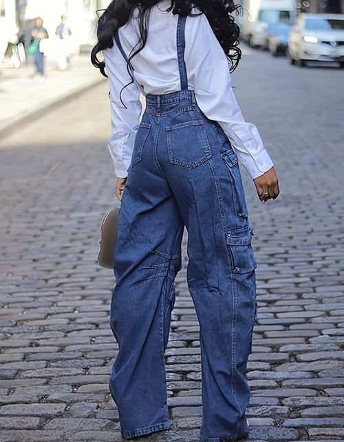 Load image into Gallery viewer, Stylish Denim Overalls Loose Fit Women&#39;s Blue Denim Overalls - Wide Leg Cargo Jumpsuit with Adjustable Straps, Flap Pockets, Non-Stretch Fabric, Perfect for Casual Streetwear
