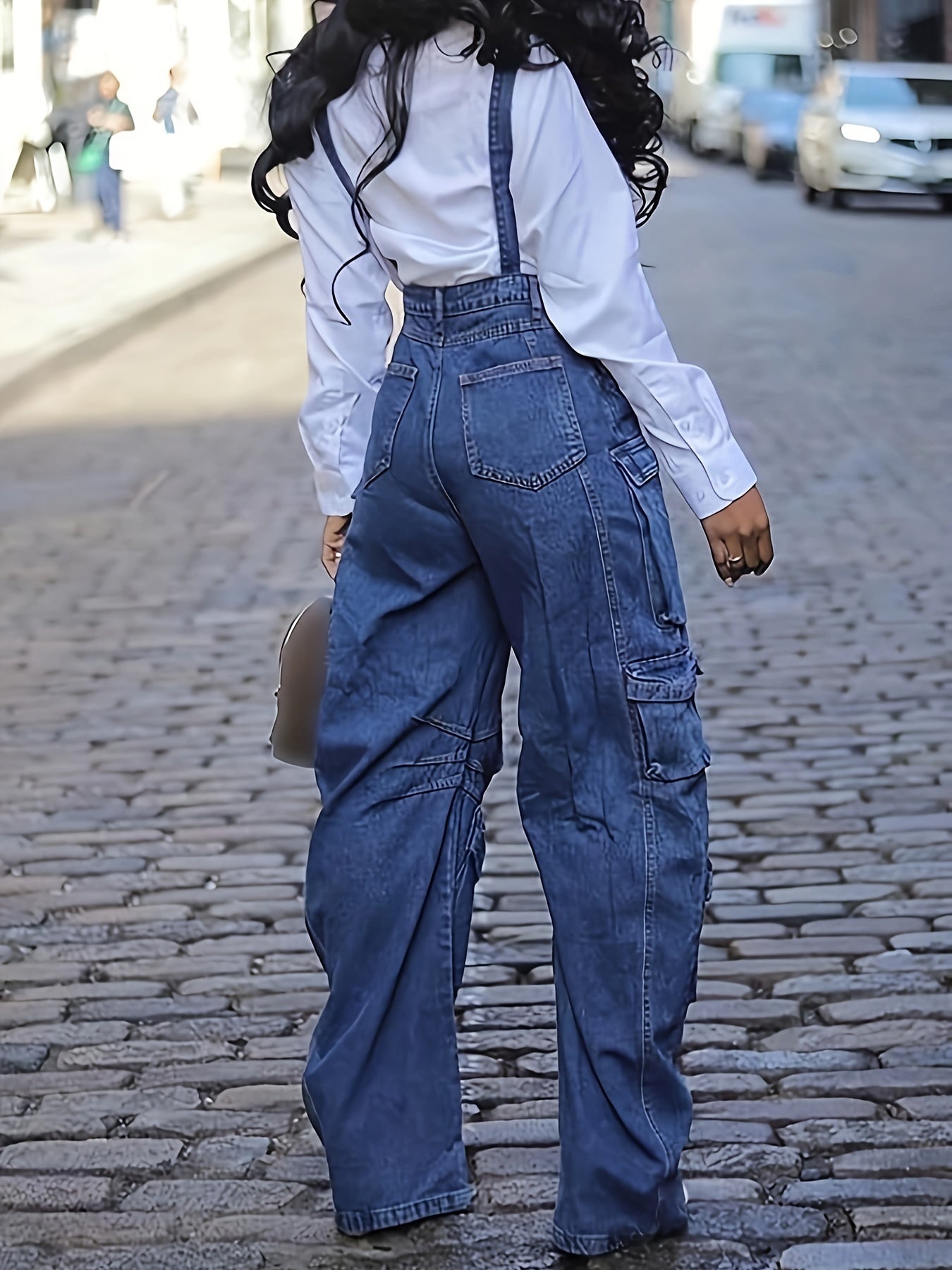 Stylish Denim Overalls Loose Fit Women's Blue Denim Overalls - Wide Leg Cargo Jumpsuit with Adjustable Straps, Flap Pockets, Non-Stretch Fabric, Perfect for Casual Streetwear