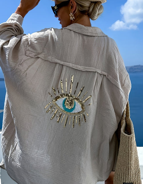 Load image into Gallery viewer, Plus Size Women&#39;s Teal Blue Beach Cardigan - Long Sleeve, Loose Fit, Sequin Third Eye Design, Soft Polyester Knit Fabric for Spring/Summer
