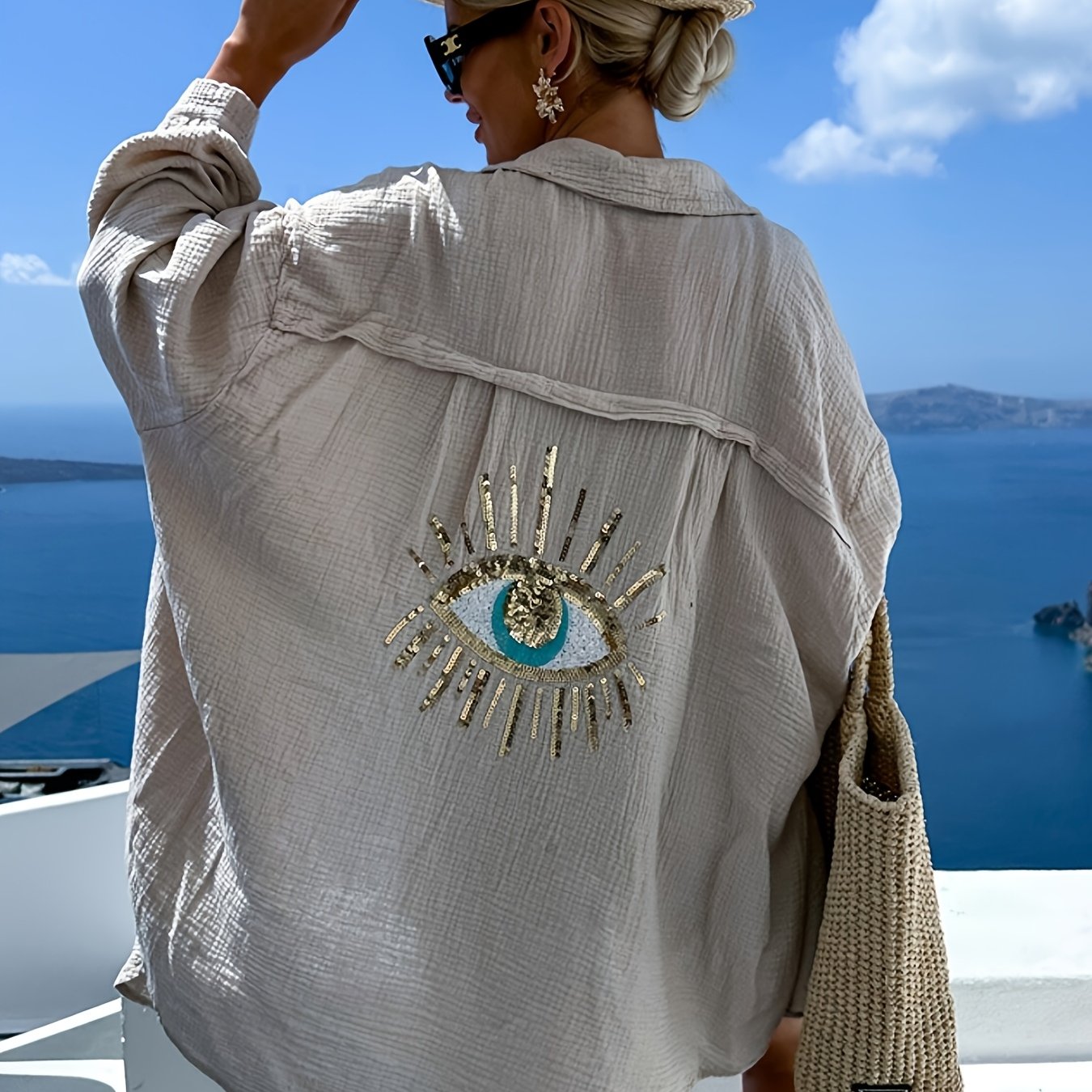 Plus Size Women's Teal Blue Beach Cardigan - Long Sleeve, Loose Fit, Sequin Third Eye Design, Soft Polyester Knit Fabric for Spring/Summer