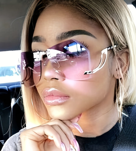 Frameless Oversized Fashion Glasses for Women - Gradient Pink to Clear Lenses, Hollow-Out Temple Arms, Protection & Anti-Glare Coating, Luxury Fashion Accessories