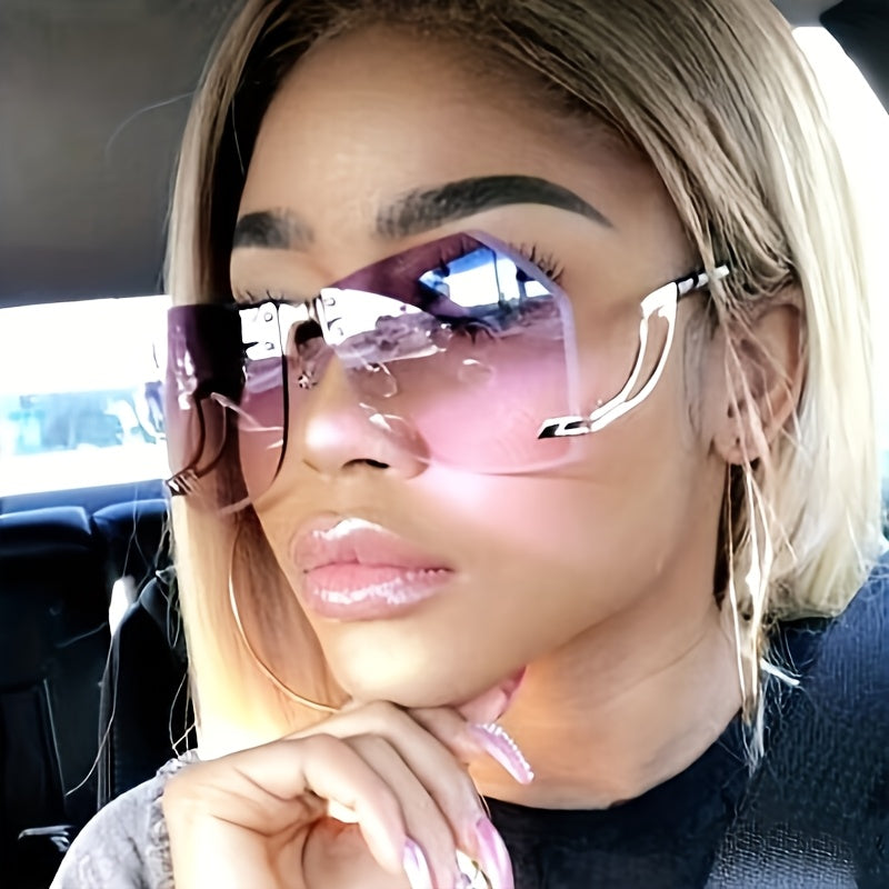 Frameless Oversized Fashion Glasses for Women - Gradient Pink to Clear Lenses, Hollow-Out Temple Arms, Protection & Anti-Glare Coating, Luxury Fashion Accessories