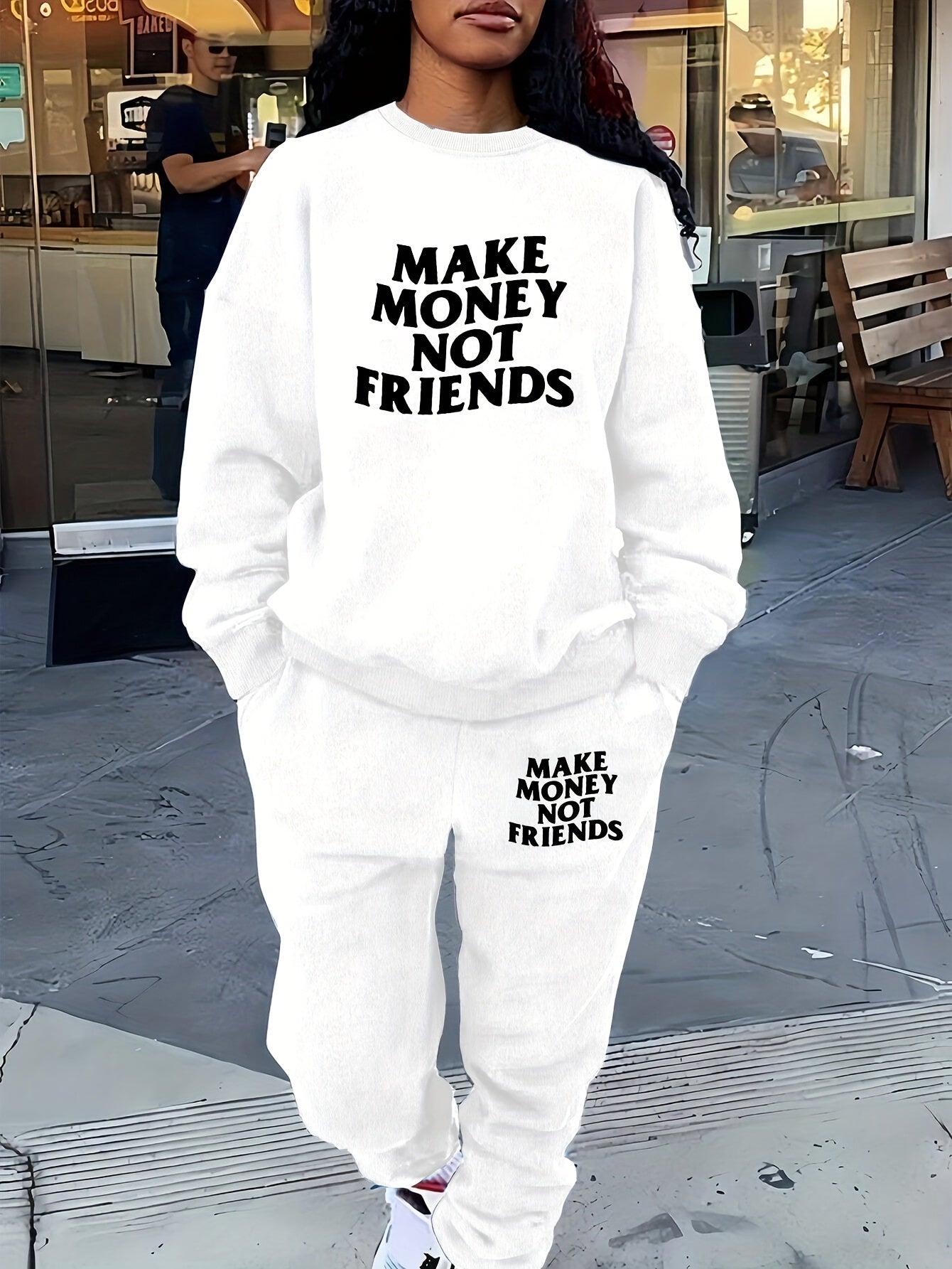 Women Polyester Two-Piece Sweat suit Set - Make Money Not Friends Casual Long Sleeve Crew Neck Sweatshirt & Jogger Pants with Pockets