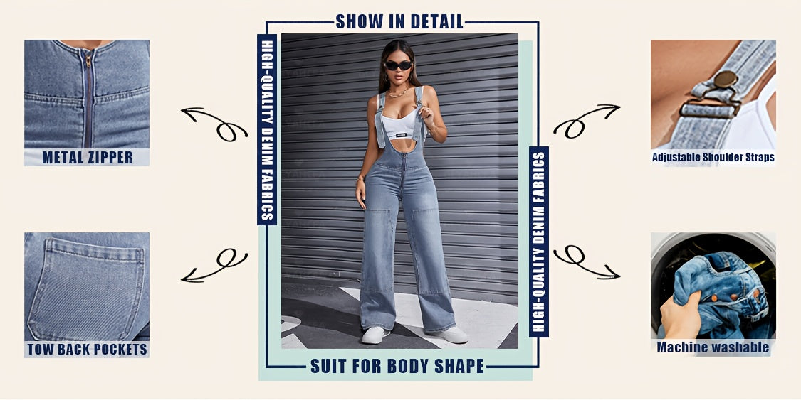 2025 New Women'S Sexy Adjustable Strap Denim Romper Casual Sleeveless High-Waisted Cargo Jeans