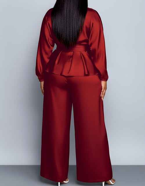 Load image into Gallery viewer, Plus Size, Plus - Size Women&#39;s Satin V - Neck Top &amp; Wide - Leg Pants Two - Piece Set |The waist design adds layers Very Fashionable

