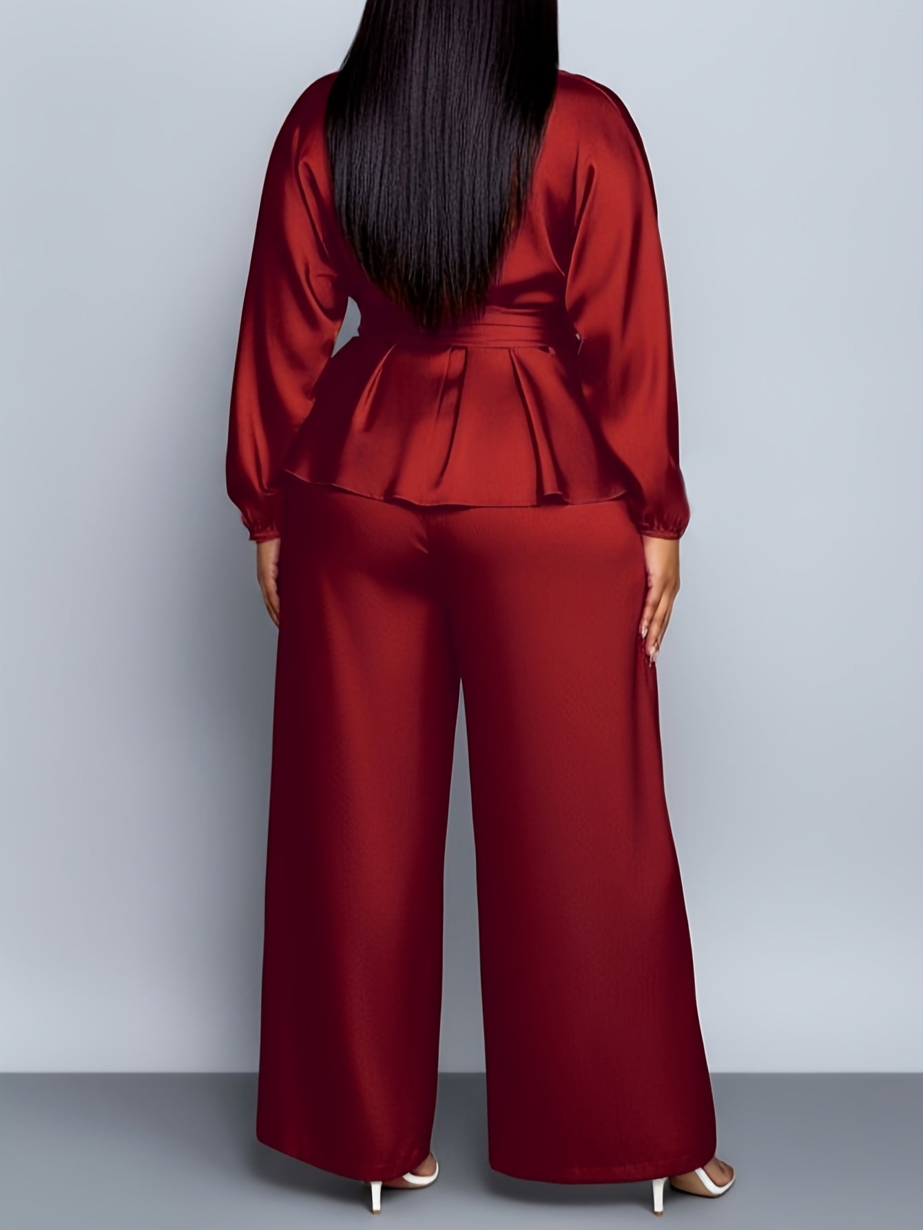 Plus Size, Plus - Size Women's Satin V - Neck Top & Wide - Leg Pants Two - Piece Set |The waist design adds layers Very Fashionable