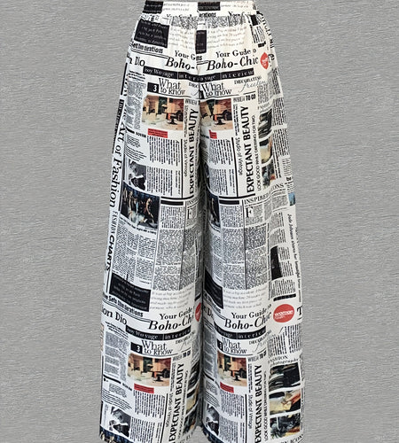 Newspaper Print Wide Leg Pockets Pants, Casual & Versatile High Waist Pants For Spring & Summer, Women's Clothing