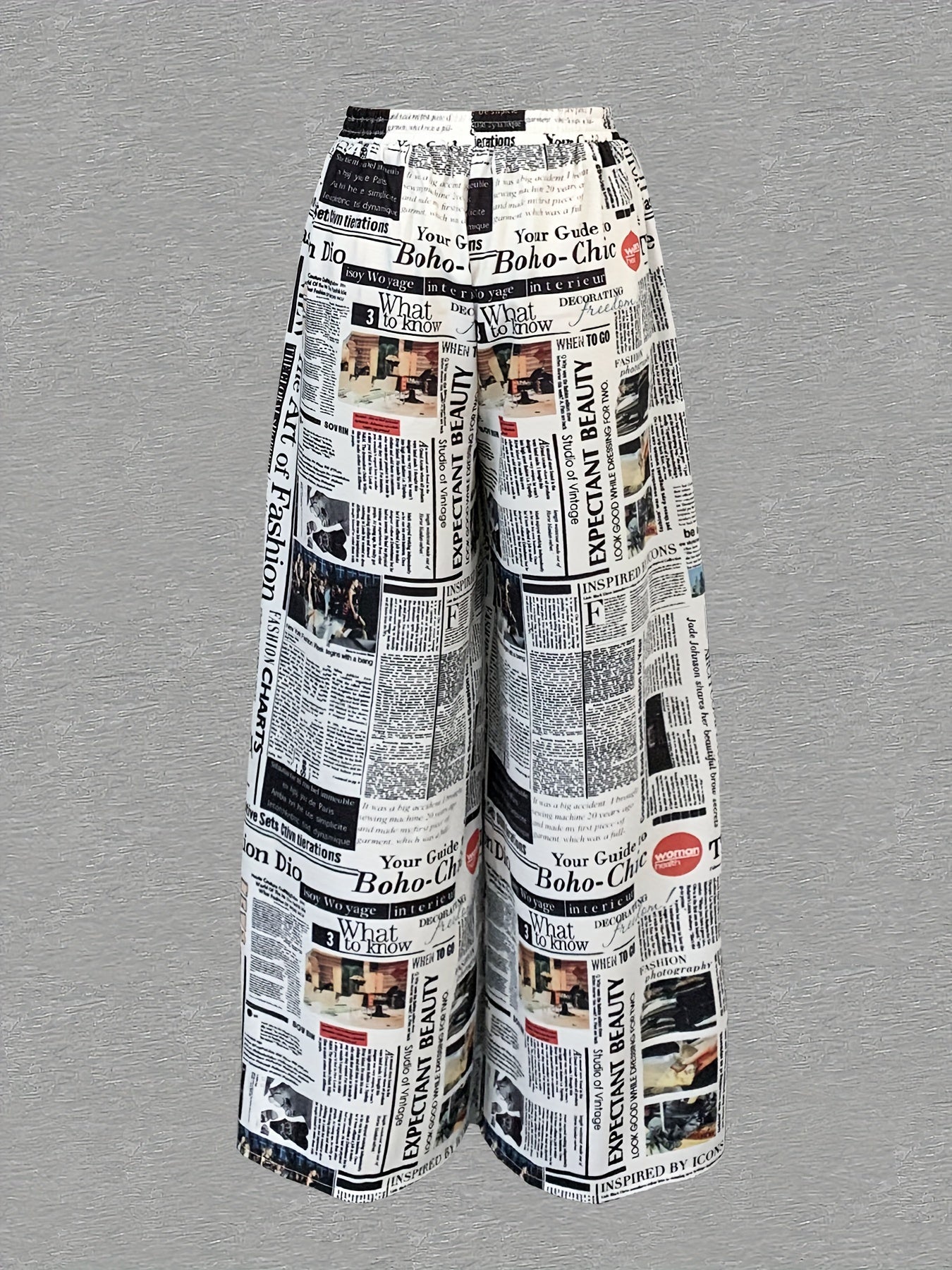 Newspaper Print Wide Leg Pockets Pants, Casual & Versatile High Waist Pants For Spring & Summer, Women's Clothing