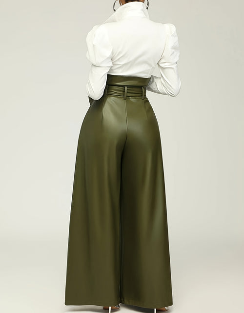 Load image into Gallery viewer, Women High-Waisted Wide Leg Pants with Metallic Belt Detail - Elegant Solid Black Trousers, All-Season Versatile Office &amp; Casual Wear, Durable PU Material,  Easy Care, High Waisted Formal Trousers, Sleek Design, Smooth Textur
