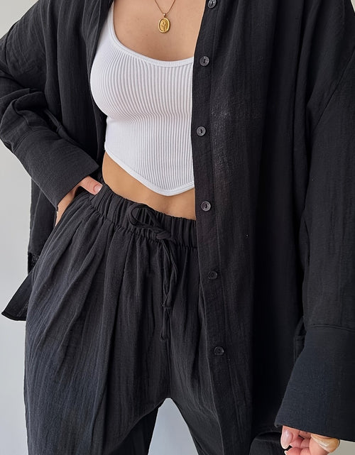 Load image into Gallery viewer, Two-piece Women&#39;s Simple Niche Lapel Long-sleeved Shirt High-Waisted Pants Fashion Suit
