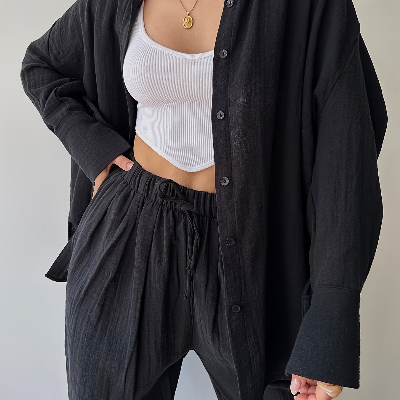 Two-piece Women's Simple Niche Lapel Long-sleeved Shirt High-Waisted Pants Fashion Suit