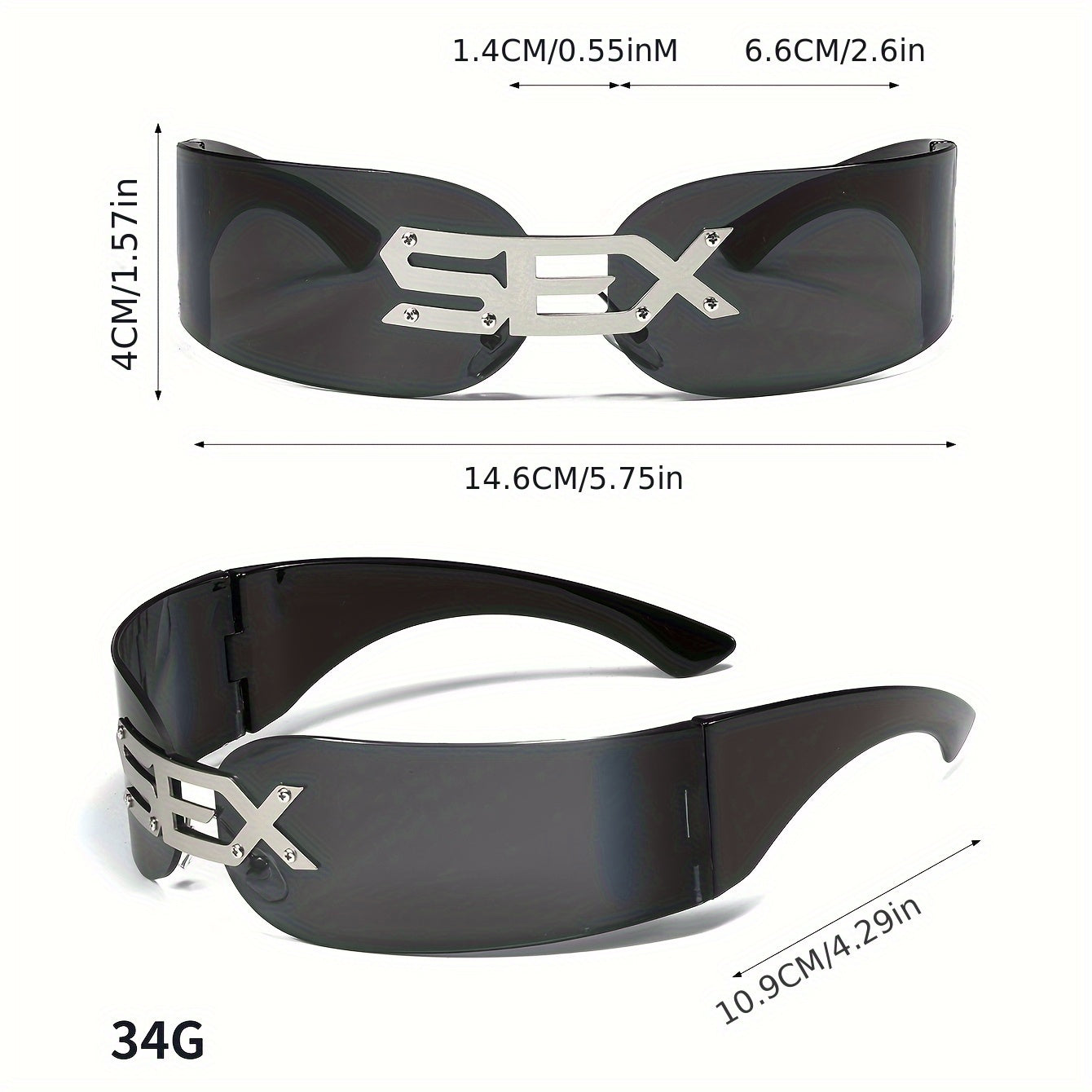 A Pair of New Style Cyberpunk Futuristic Technology Glasses with a SEX Metal Letter Black Frame, Frameless Windproof Glasses for Both Men And Women.