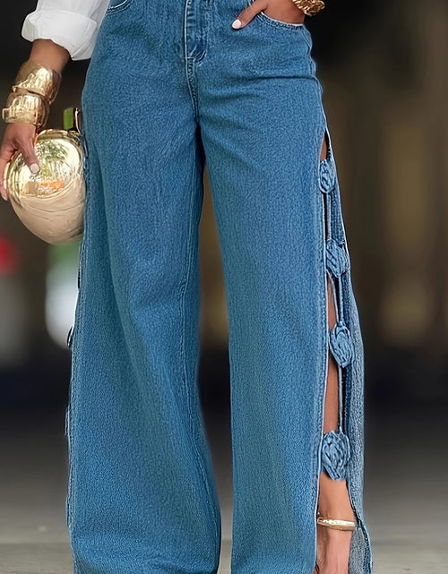 Load image into Gallery viewer, Women High-Waist Wide-Leg Jeans with Handmade 3D Floral Embellishments &amp; Side Slit - Light Blue Denim, Zipper Fly, Regular Fit for Spring/Fall Casual &amp; Evening Outfits, High Waisted Jeans Non stretch Fabric
