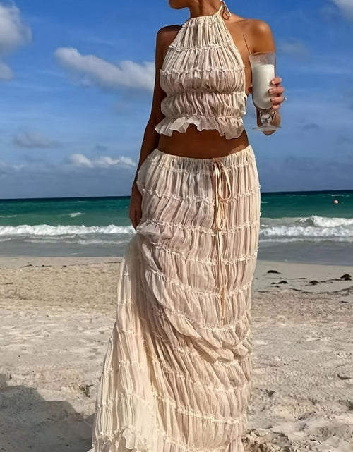 Load image into Gallery viewer, Two-Piece Women Romantic Gorgeous Simple Elegant Vacation Solid Color Sexy Backless Halter Halter Strap Lace Lace Vest Long Dress Set
