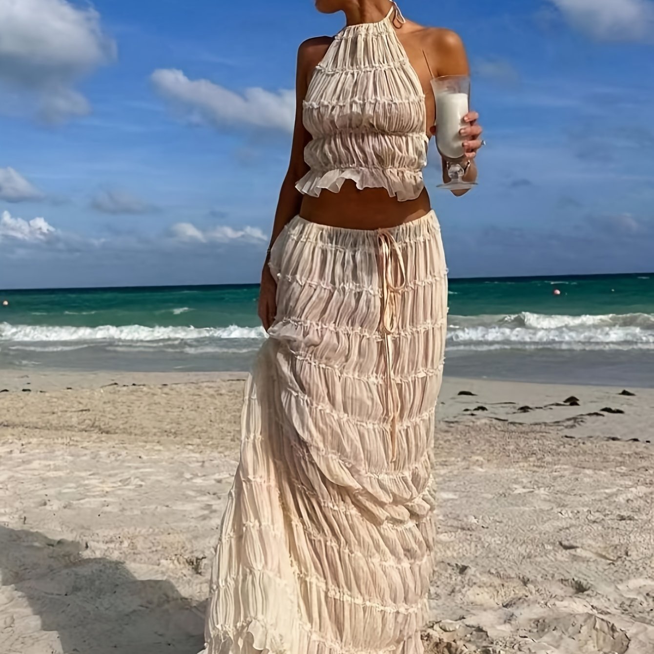Two-Piece Women Romantic Gorgeous Simple Elegant Vacation Solid Color Sexy Backless Halter Halter Strap Lace Lace Vest Long Dress Set