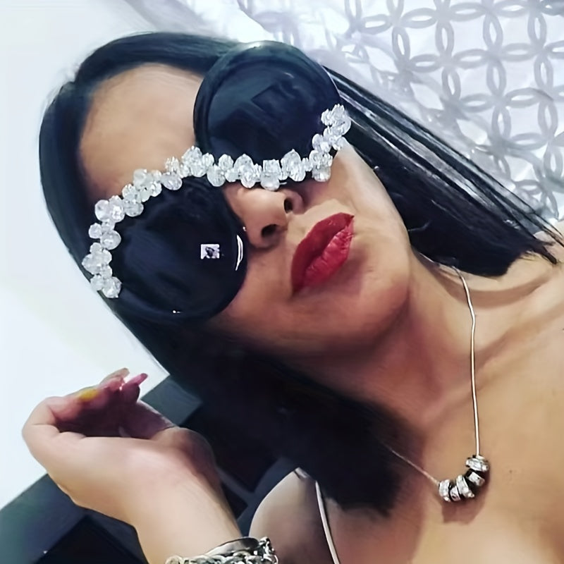 Women's Oversized Round Fashion Glasses | Composite Frame with Rhinestone Embellishments | Gradient Lenses | Sporty Street Style