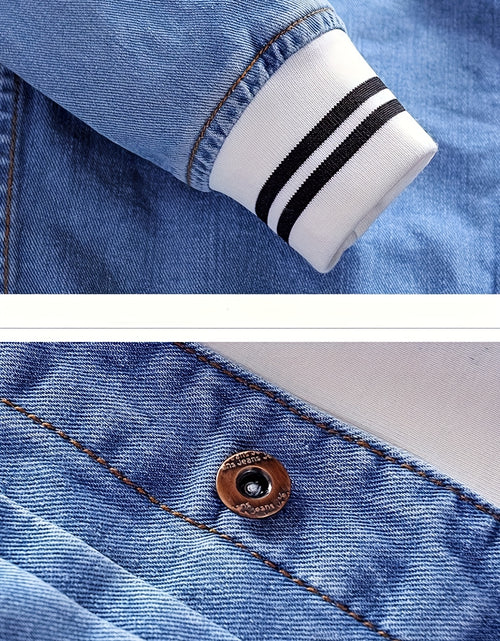 Load image into Gallery viewer, Men Vintage Distressed Denim Jacket - Slim Fit Biker Streetwear with Embroidered Design, Classic Baseball Uniform Style, Blue Casual Jacket for Trendy Outfits
