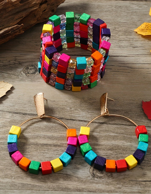 Load image into Gallery viewer, 3pcs Set Bohemian Wooden Colorful Beaded Bracelet and a Pair of Colorful Beaded Earrings Bohemian Jewelry Set

